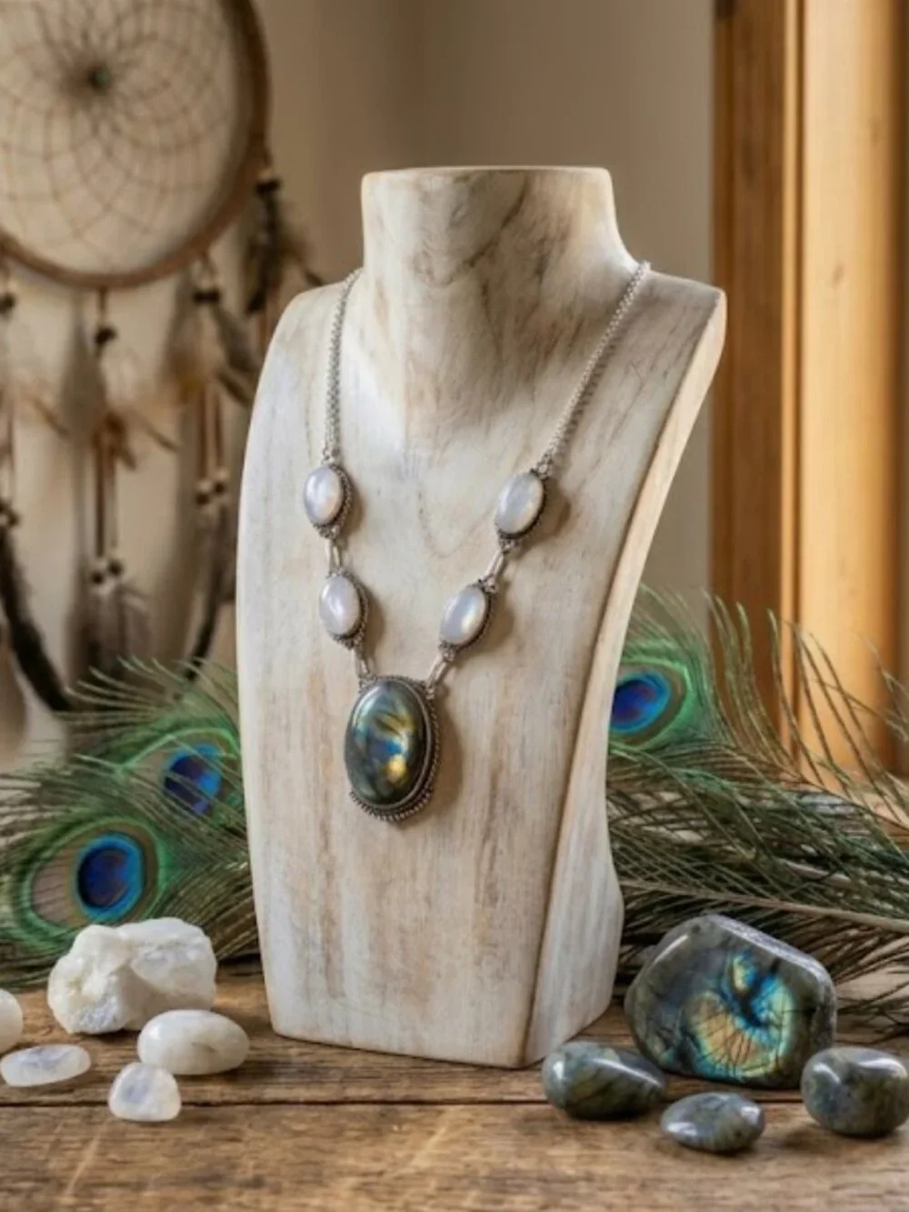 925 Silver Genuine Labradorite Moonstone Statement Necklace Whimsigoth Bohemian